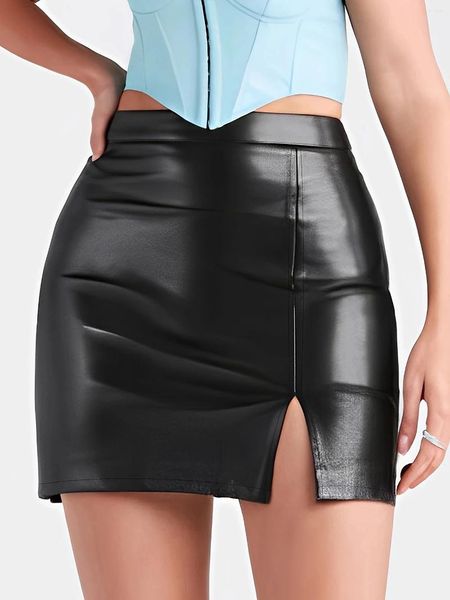 Saias Sexy Color Solid Faux Leather Mini Mulheres Moda Moda High Side Split Lápis Ladies Pu