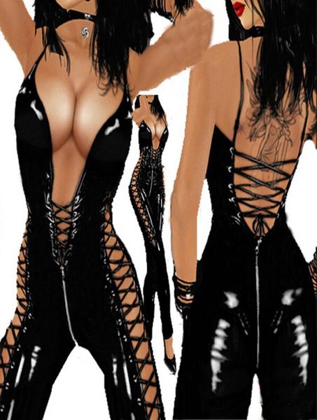 Плюс размер 3xl 4xl 5xl Sexy Women Women Black Latex Catsuit Костюм эротический искусственный кожаный боди