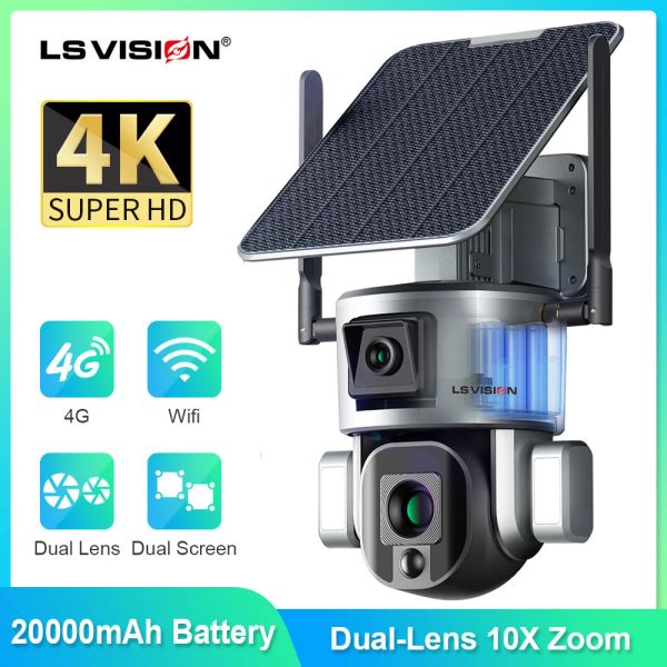 Câmeras LS VISÃO 4K 8MP Câmera solar de lente dupla 10x/4x Zoom 4G SIM/WiFi Segurança ao ar livre Câmera de rastreamento humanóide colorido Cam de visão noturna