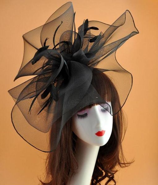 Chapéus de noiva grandes exagerados Chapéu de festa da rede de tule vintage com penhas atordoando preto formal grande hats3057620