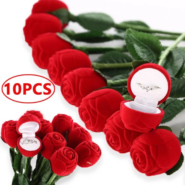 Andere 10pcs Rose Blumenringbox Samt Red Rose Schmuckschatulle Ohrring -Display -Box Holder Geschenkbox Braut Hochzeit Schmuck Aufbewahrung