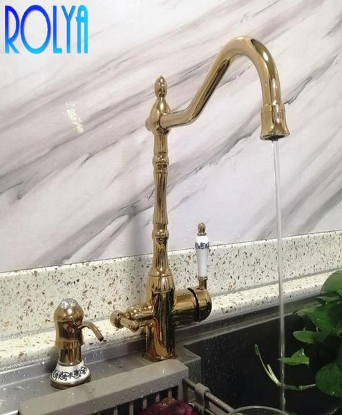 ROLYA NOVA chegada Victoria Antique Bronzegold 3 Way Tri Flow Kitchen Tap pia Faucet Mixer4771008
