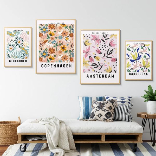 Resumo Os pôsteres de parede geométricos nórdicos imprimem a pintura decorativa moderna Planta Flor Art Picture elegante para sala de estar