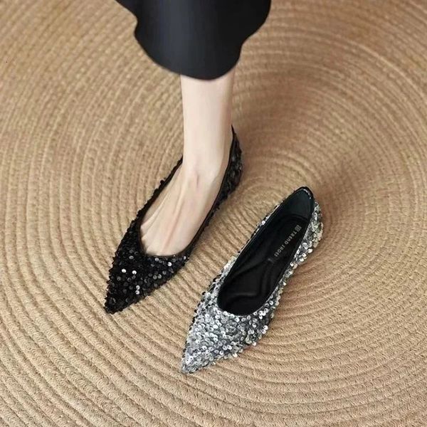 Damenflats Bling Boat Schuhe spitzer Zeh Slip auf Glitter Ballet Flats Schwarze Silver Spring Herbstschuhe für weiblich 240326