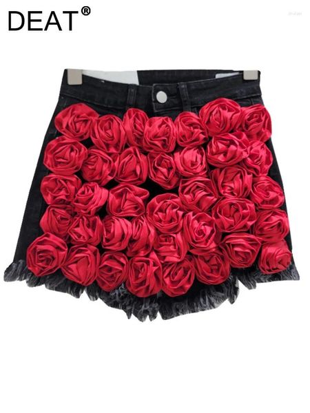 Frauen Jeans Frauen Denim Shorts High Taille Multiple 3D Rose Flowers Patchwork Stretch Burrs Short Hosen 2024 Sommer Mode 29L7259