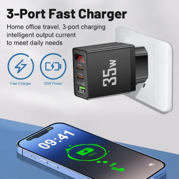 35W 3 Ports USB Fast Ladegeräte Typ C Schnelllades Digital Display -Telefonadapter für iPhone Samsung Xiaomi Tragbares USB -PD -Ladegerät