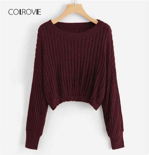 Colrovie Borgonha Ritbed Casual Crop Women Sweater 2018 Autumn micketwear Pullovers sucheres suéteres Mulheres Clothes3592758