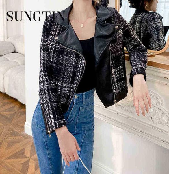 Sungtin Vintage Strick Tweed Panel kurze Faux Leder Jacke Frauen Mode Langarmes Lederjacken Elegante PU Lederjacke5560896