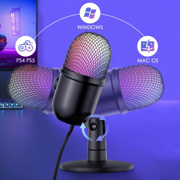 Микрофоны USB -микрофон RGB Gaming Mic Mic Mute Condenser Microphone с разъемом мониторинга усиления для записи потокового подкаста