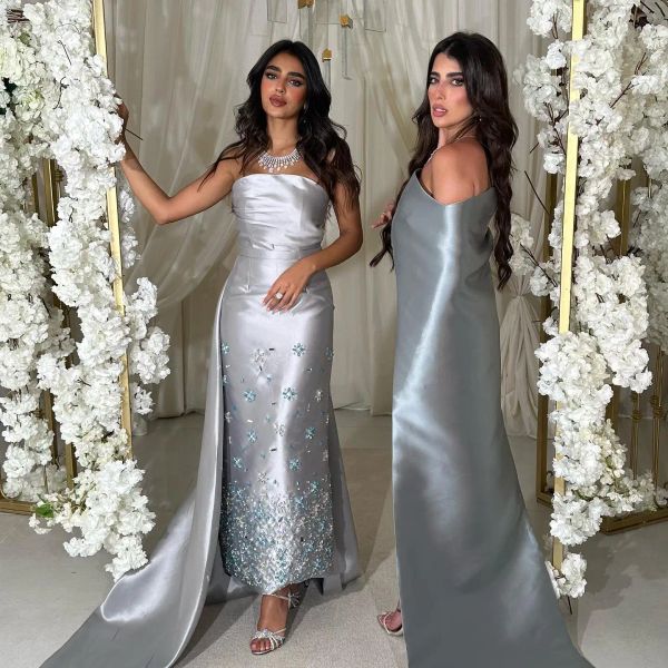 Sharon sagte, Luxuskristall Dubai graues Araber Abendkleid für Frauen Midi formelle Partykleider mit Zug -Knöchellänge