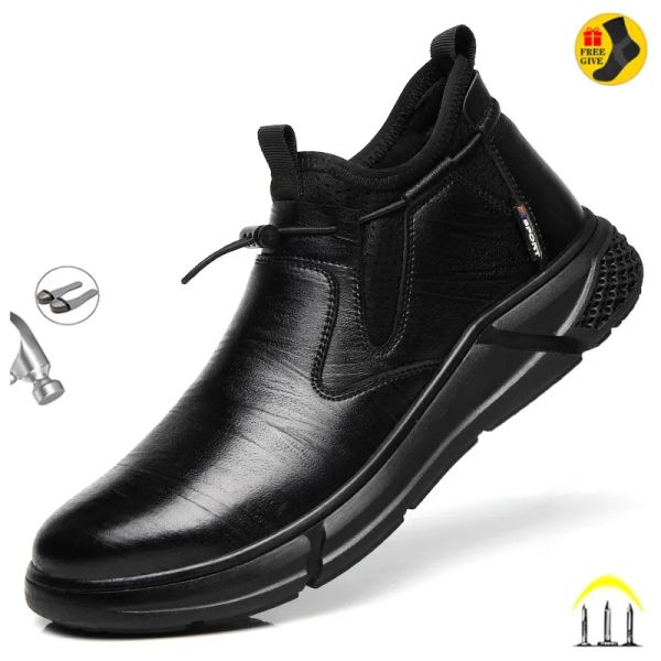 Botas de couro preto em couro impermeabilizado Sapatos de trabalho para homens de aço de aço botas de escritório