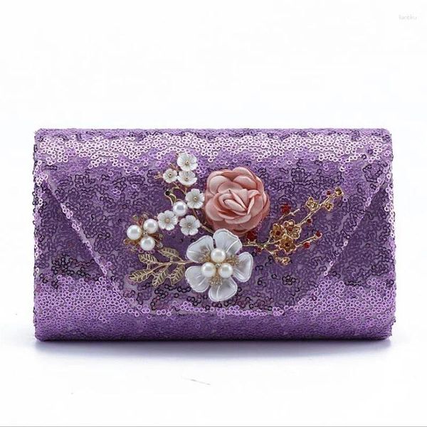 Вечерние сумки 2024 Purple Sequin Clutch Bling Flowers Свадьба с цепной вечеринкой MN1098