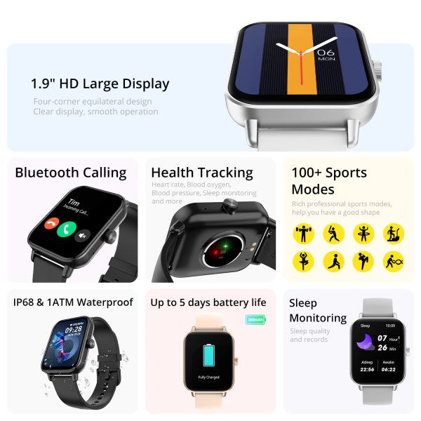 Colmi P81 Voz Calling Smart Watch Watch Ultra 1,9 polegada Tela 24H Monitor de saúde 100+ Modos esportivos de 100+ Faces Smartwatch