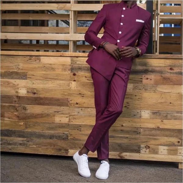 Herrenanzüge Burgunder Männer Afrikanische Single Breasted Stand Collar Long Blazer Hosen Luxus -Prom Party Hochzeitsbräutigam Schneider Outfits 2 Stück