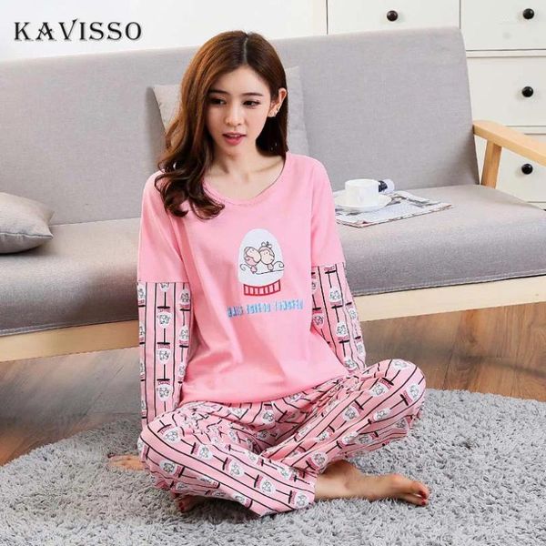 Roupas em casa Kavisso 2024 Autumn Cute Monkey Pijama Conjunto Mulheres 2 peças Tee calça superior Pijamas de cintura elástica Pijamas solteiros Pijamas