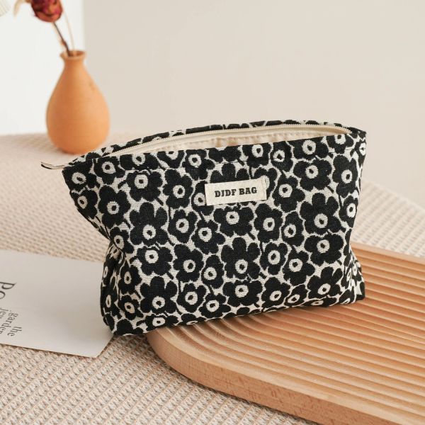 Женская косметическая сумка Черно -белая шаблона цветов сливы большие качества косметика сумка для хранения.