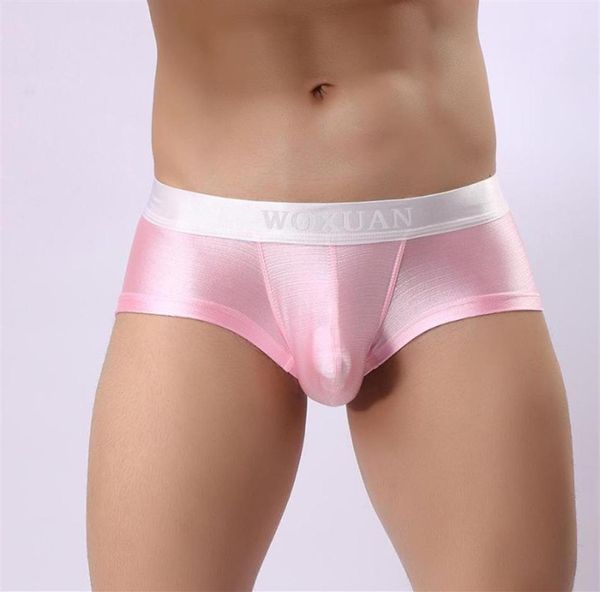 Calcinha de seda de seda woxuan bolsa boxer shorts bolsa de pênis grande lycra calcinha de bulge shiny cuecas perfeitas aprimora os boxershorts rosa 27933426859