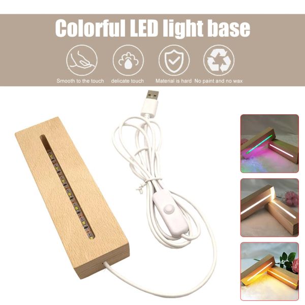 Rechteck massiv Holz LED -Basis für Harzbuchstaben Lampe 3d USB -Acrylglasharz Kunst Holzlicht Display Basis LED -Ständer