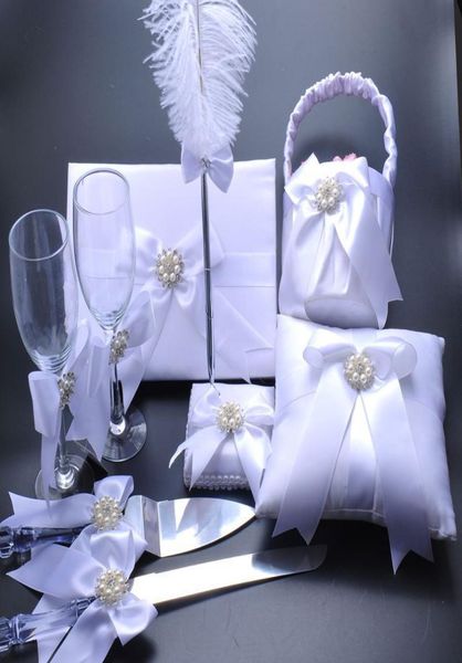 Bellissimo anello di nozze di fiore bianco cuscino cesto fiore libro per gli ospiti Penna di piume Penna 6 in 1 set 5in16729783