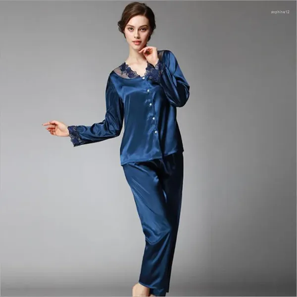 Heimkleidung Yt- 044 Luxus Herbst Seide wie Pyjama Sets Frauen sexy Nachtwäsche Ladies Spitzen Satin Langarm Homewear