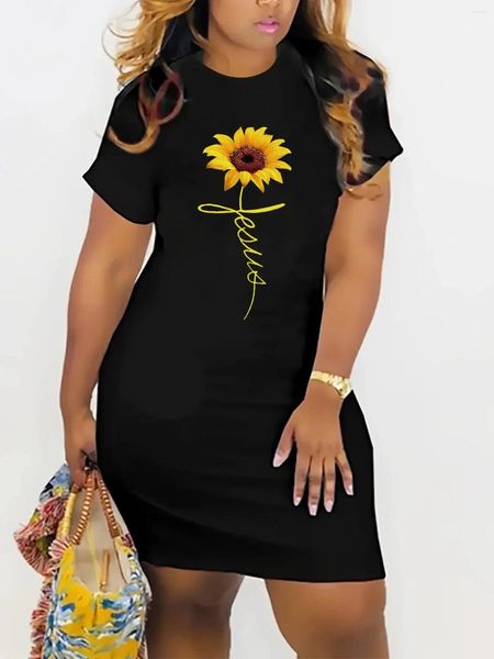 Lässige Kleider Sommer Frauen Sonnenblumen Glaube Slim Fit kurzärmelig rundes Nacken T-Shirt Mini Kleid
