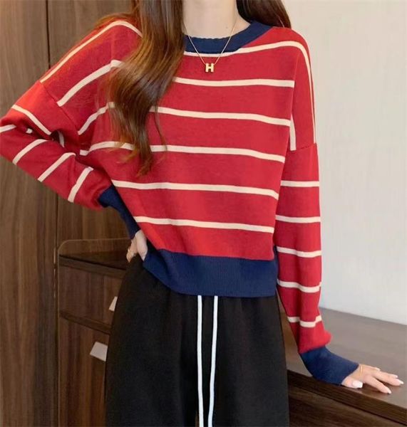 Women039S Novo suéter Top Women Redond Neck Stripe Pullover de manga curta Slim Fit Knit