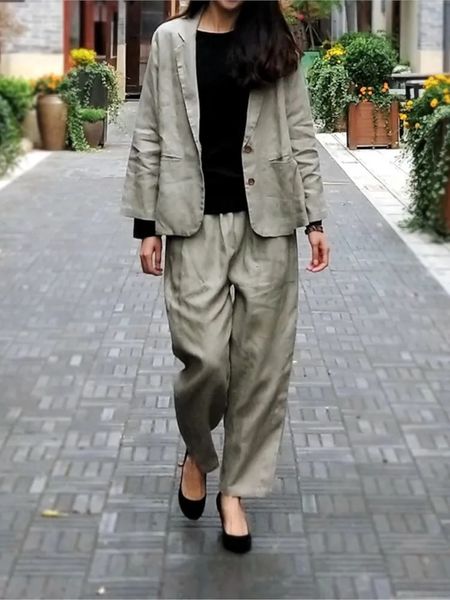 Donne Linen sciolto Abiti di colore solido Vintage Blazer elastico pantaloni in vita femmina 240329
