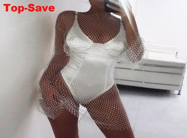 Mulheres Biquíni Bling Crystal Cover Up Tops Sexy Fishnet Hollow Veja através de Diamond Shiny Swimsuithwear Tops preto White4637046