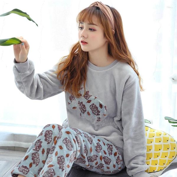 Home Clothing Herbst Winter Frauen Flanell Langarm Pyjamas Sets dicker warmer Korallen Samt Pyjamas Anzug weiblicher Cartoon grauer Elefant