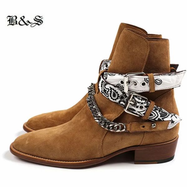 Stiefel Black Street Hot Update Model Hip Hop Denim Bandana -Kette Gurt Männer Knöchelstiefel Keil handgefertigte echte Lederstiefel