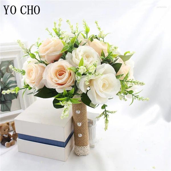 Fiori di fiori decorativi bouquet per matrimoni per sposa rosa bianco champange artificiale artificiale naturale rosa damigella d'onore accessori per feste decorazioni