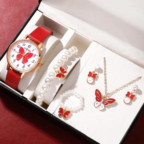 Relógios de pulso 6pcs Conjunto feminino Quartz assistir relógio feminino Red Butterfly Dial Design Senhoras de couro Montre Femme