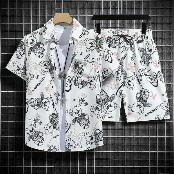 Traccetti da uomo Shirt Hawaiian Beach Ensemble Mens Lumgy Short-Sloved Combo per Hainan Travel Vacation Cartoon Cartoon Shirt Floral Sling Tops T240409