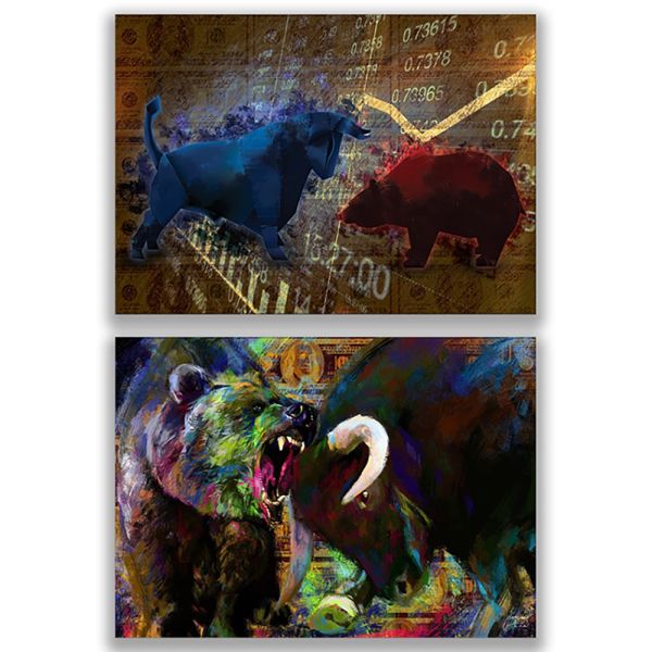 Bull vs Bear Poster, Çağdaş Graffiti Pop Art Wall Street Baskı - Boğa Ayı, Hayvan Duvar İlham Dekor