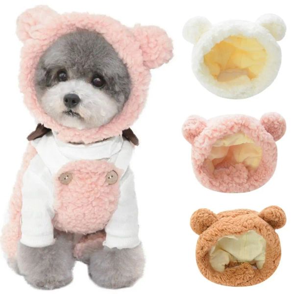 Warm niedlicher Katzenhut bequeme weiche kurze Plüschbärenhut für Katzenpupfhund Cap Cosplay Kostüm Haustier Accessoires Pink White Braun