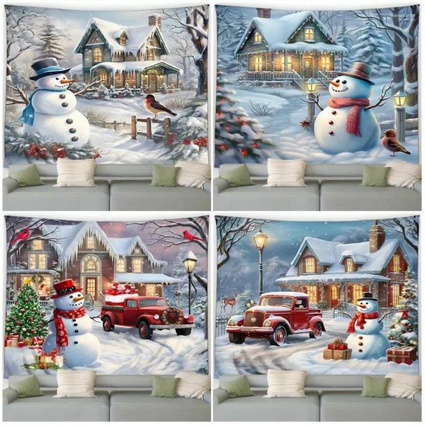 Wandteppiche süße Schneemann Tapestry Winter Forest House Weihnachtsbäume LKW Snow Landschaft Weihnachtsdekor Jahr Zuhause Wohnzimmer Wand Hanging