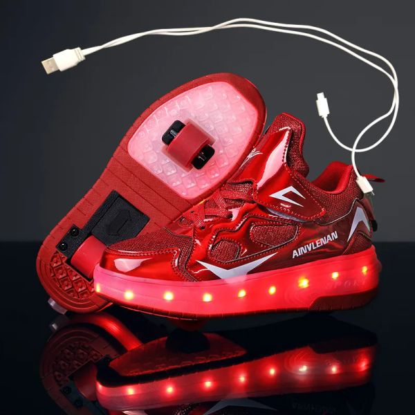 Turnschuhe Kinder zwei Räder leuchtend leuchtende Sneaker schwarz rosa rot led licht licht skate schuhe kinder led schuh jungen Mädchen USB -Ladung