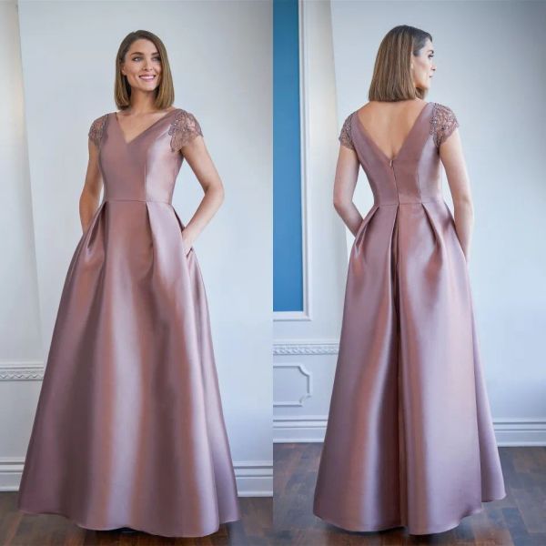 Jasmine Mutter der Braut Kleider 2024 V Hals gekitzte Ärmel Spitze Perlen Satin Abendkleider Boden Länge Eine Linie Hochzeitsgastkleid