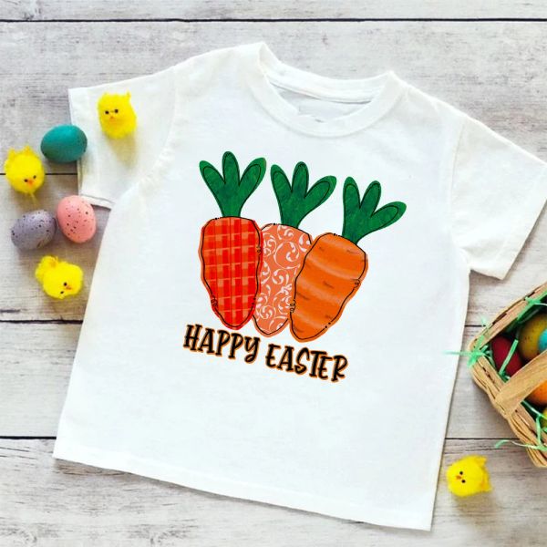 Frohe Ostern Karottendruck Kinder T-Shirt Kleinkindhemden Jungen Mädchen Kleidung Kinder Ostern Party T-Shirts Geschenk Kind Weiß Hemd