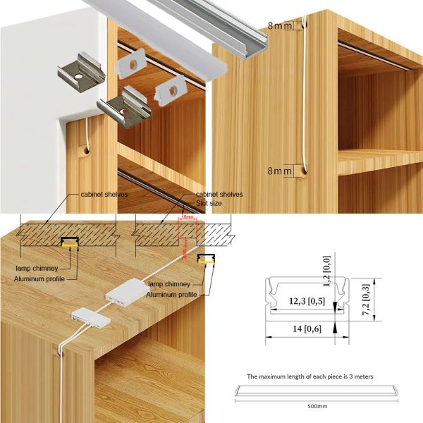 14x7mm (5pcs) 0,5 m Luce a LED di profilo in alluminio: adatto per mobili da cucina e mobili da vino con installazione incorporata