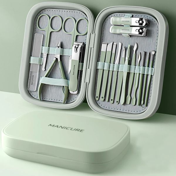 Kit 18pcs in acciaio inossidabile manicure set taglia unghie strumenti per taglieri kit set di cura della pedicure set di chicchi di vetro con scatola da viaggio