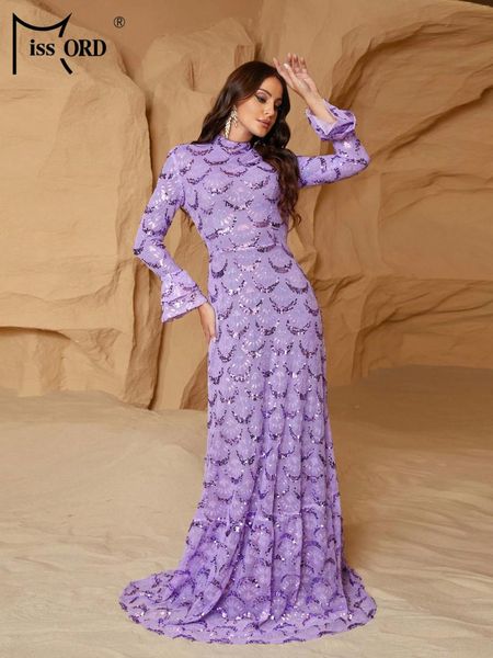 Повседневные платья Missord Purple Scale Print Sequin Вечерние элегантные женщины водолазки Flare Flare рукав A-Line Maxi Promp