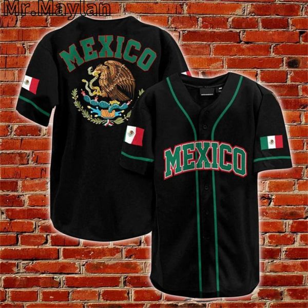 México Gold Gold Eagle Black Baseball Tee Jersey Camisa 3D Camisetas masculinas Esportes casuais ao ar livre masculino Hip Hop Tops