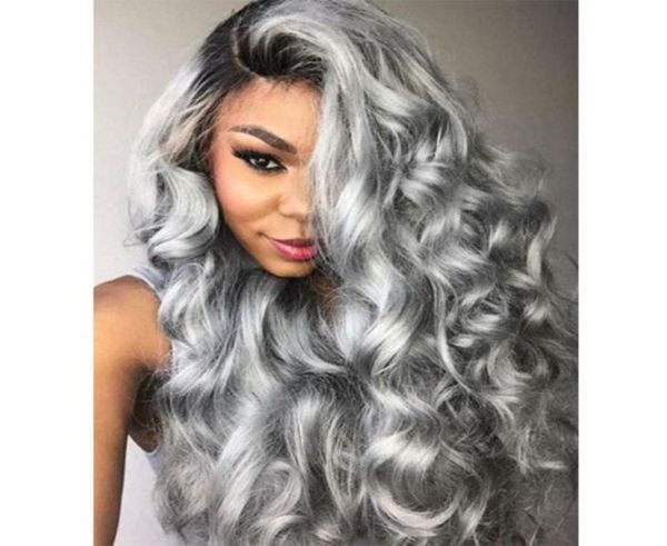 Ombre brasileiro cinza renda cheia perucas de cabelo humano ondulado prata prata cinza sem glue lace perucas 130 densidade com nós branqueados Gray5904999