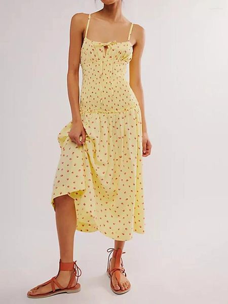 Abiti casual Summer camuffio da donna Abito a vita bassa in piega a vita bassa Floral/Strawberry Stampa di spaghetti in pizzo davanti Slimt fit Bustier Midi