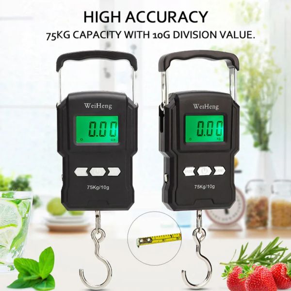 75kg/10g portátil LCD eletrônico escala manual Handheld escala de gancho de pesca eletrônica com fita de medição retrátil