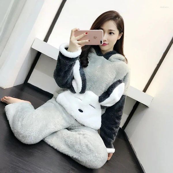 Home Clothing Jinuo grau Farbmuster Polar Fleece Pyjamas Sets mit Kapuzen- und Taschennacht Weibliche Pyjamas