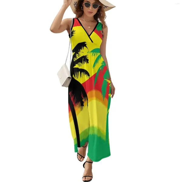 Lässige Kleider Palmen in Jamaika Farben Kleid weibliche Maxi gegen Hals ärmellose Streetwear Grafik Boho Beach Long