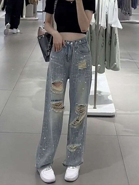 2024 Summer Nuovo pantaloni casual perforato High Welf Sense Diamond Flash Gamba dritta gamba larga pantaloni per trascinamento di jeans Instagram