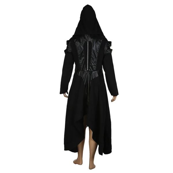 Halloween cosplay steampunk assassino elfos pirata figurino adulto mulheres preto jaqueta com capuz comprido com capuz gótico de couro de couro 5xl